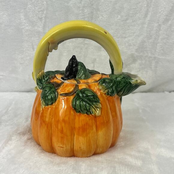 Fitz & Floyd Omnibus 93 Pumpkin Teapot Moon Handle Halloween Jack O'Lantern 34oz - Picture 3 of 15